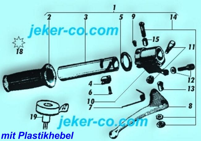 Gasdrehgriffteile Plastikhebel alt Bremshebel Hebelfeder Hebelschraube Stellschraube Glocke Gasdrehrohr Gummigriff