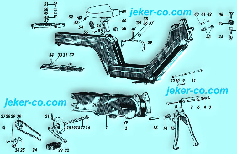 Ersatzteile Piaggio SI Rahmen Schwinge Stnder Tretwelle Kurbel Pedal Kette Kettenspanner Sattel Benzinhahnen Lenkerschloss Gepcktrgerplatte Sattelfeder