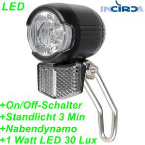 Incirca LED Scheinwerfer Dynamo/Nabendyn. on/off Standlicht 1 W LED weiss inkl. Halter 30 Lux Ersatzteile Balsthal