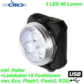 INCIRCA LED Scheinwerfer USB 3 LED 40 Lumen Elekro E- bike Mountainbike Fahrrad Velo Ersatzteile Shop Jeker Balsthal Schweiz